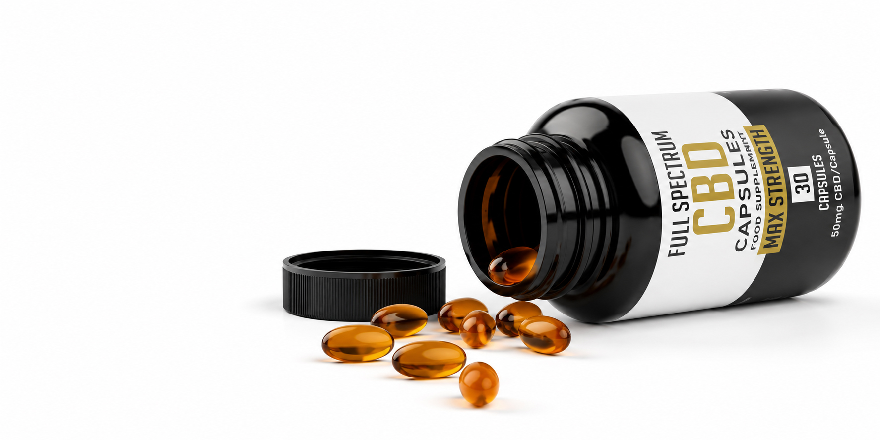 CBD capsules bottle with amber softgel capsules on a white background